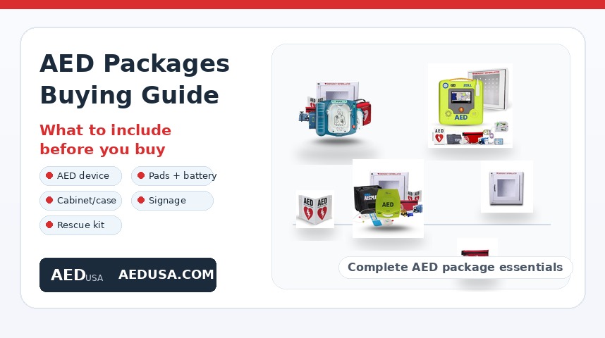 AED packages buying guide with Philips OnSite package, ZOLL AED 3 package, pads, battery, cabinet, signage, and rescue kit essentials